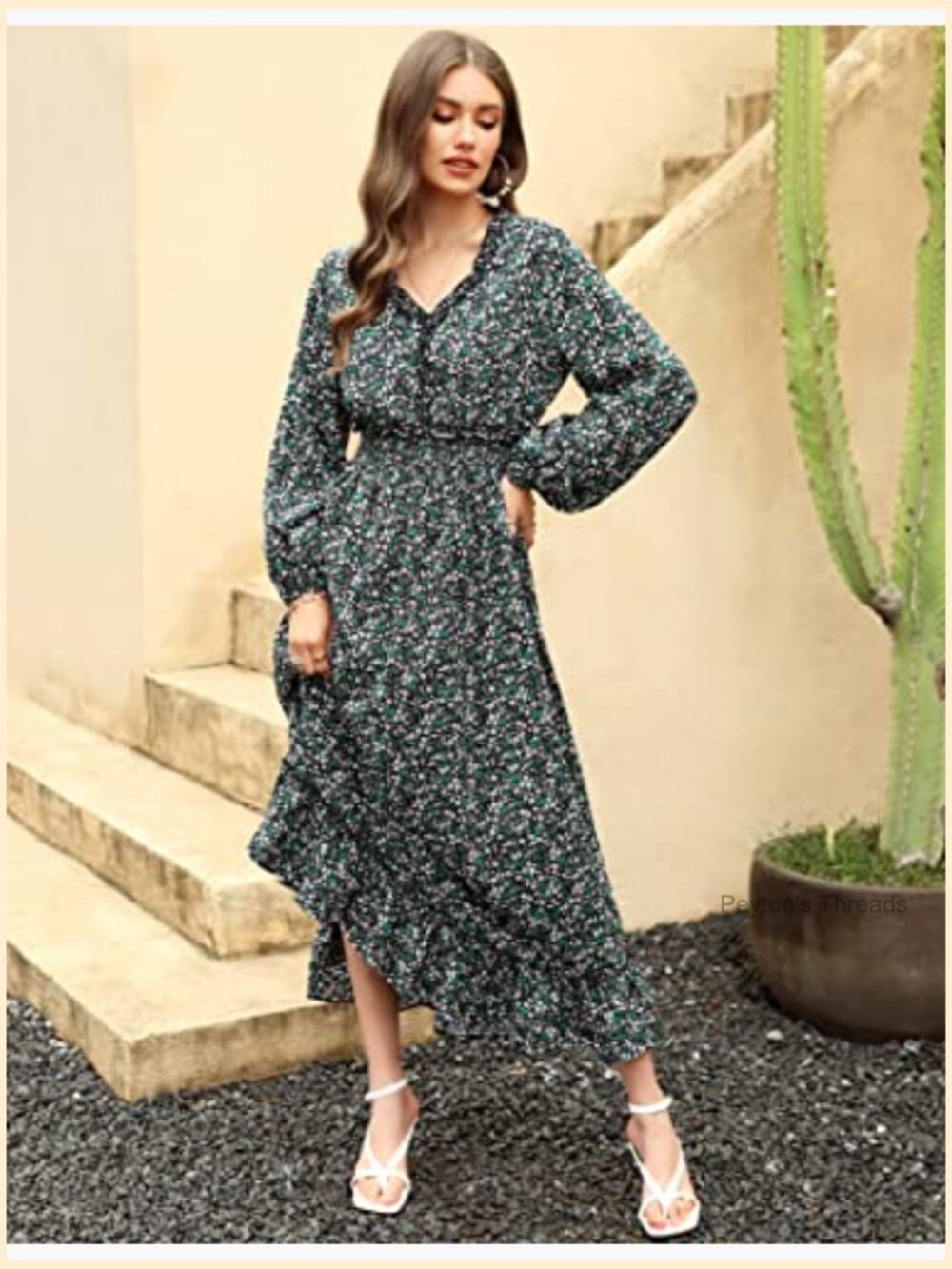 V Neck Boho Floral Print Wedding Guest Maxi Dress Bohemian Flowy - Picture 3 of 7